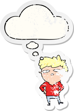 Düşünce baloncuğu olan sabırsız bir çizgi film karakteri insan tarafından çizilmiş yıpranmış bir çıkartma gibi.