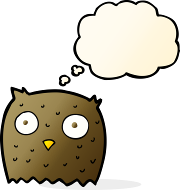 Bir insan tarafından çizilmiş düşünce baloncuklu çizgi film baykuşu