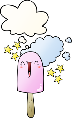 Bir insan tarafından çizilmiş yumuşak eğimli düşünce baloncuklu buz lolipopu.