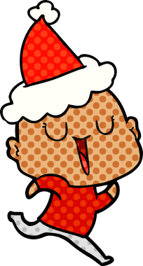 Mutlu el çizimi çizgi roman tarzı Noel Baba şapkası takan kel bir adamın bir insan tarafından çizilmiş resmi.