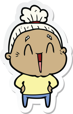 Bir insan tarafından çizilmiş mutlu yaşlı bir kadının çıkartması.