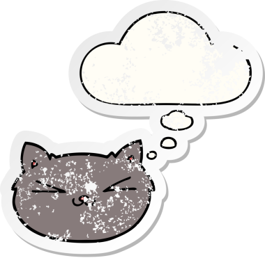 Düşünce baloncuğu olan mutlu çizgi film kedisi bir insan tarafından çizilmiş yıpranmış bir çıkartma.