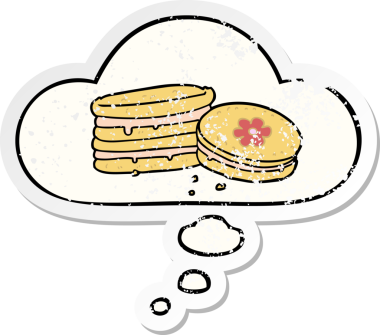 Düşünce baloncuklu çizgi film bisküvisi insan tarafından çizilmiş yıpranmış bir çıkartma.