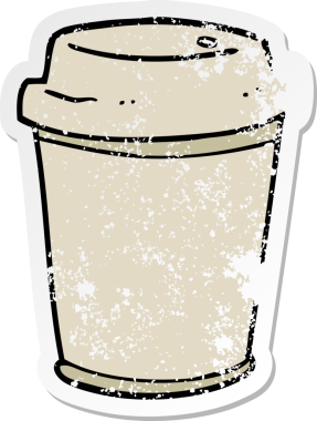 Bir insan tarafından çizilmiş karikatür kahve fincanının sıkıntılı çıkartması.