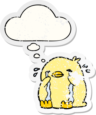 Düşünce baloncuğu olan karikatür ağlayan kuş insan tarafından çizilmiş yıpranmış bir çıkartma gibi.