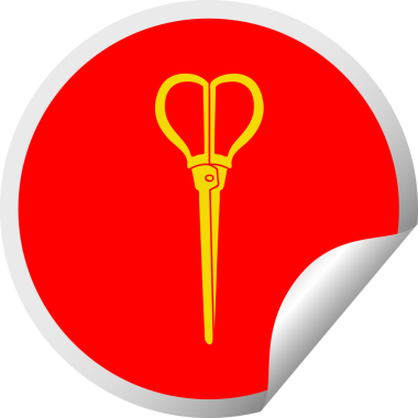 Bir insan tarafından çizilmiş dairesel soyma etiketi, tuhaf çizgi film makası.