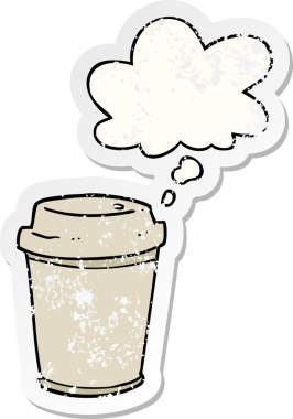 Düşünce baloncuklu çizgi film kahve fincanı insan tarafından çizilmiş yıpranmış bir çıkartma.