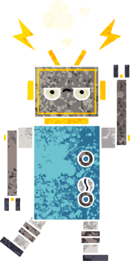 Bir insan tarafından çizilmiş arızalı bir robotun retro çizim tarzı karikatürü