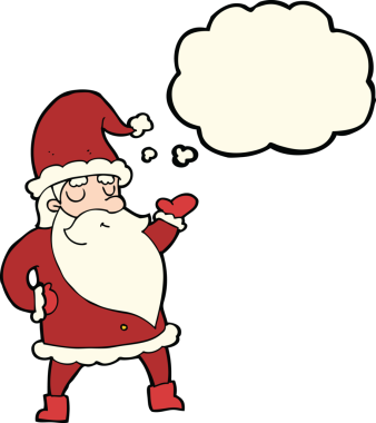 Bir insan tarafından çizilmiş düşünce baloncuklu Noel Baba çizgi filmi.