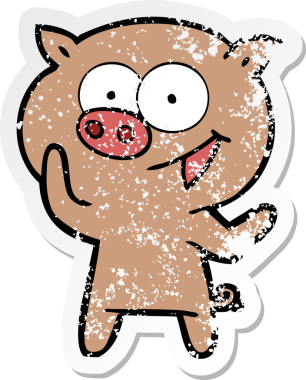 Bir insan tarafından çizilmiş neşeli bir domuz çizgi filminin hüzünlü çıkartması.