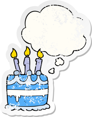 Düşünce baloncuklu çizgi film doğum günü pastası bir insan tarafından çizilmiş yıpranmış bir çıkartma.