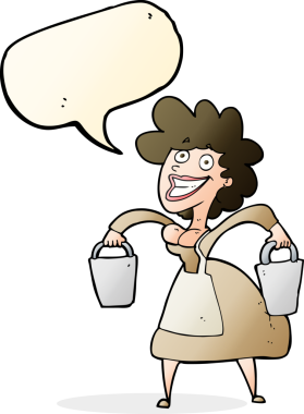 Bir insan tarafından çizilmiş konuşma balonlu kova taşıyan sütçü kız.