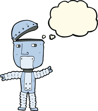 Bir insan tarafından çizilmiş düşünce baloncuklu çizgi film robotu