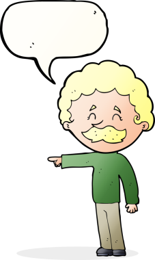 Çizgi filmdeki bıyıklı adam bir insan tarafından çizilmiş konuşma balonuyla işaret ediyor.