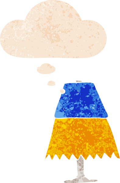 Düşünce baloncuklu çizgi film masası lambası grunge sıkıntılı retro desen tarzı bir insan tarafından çizilmiş