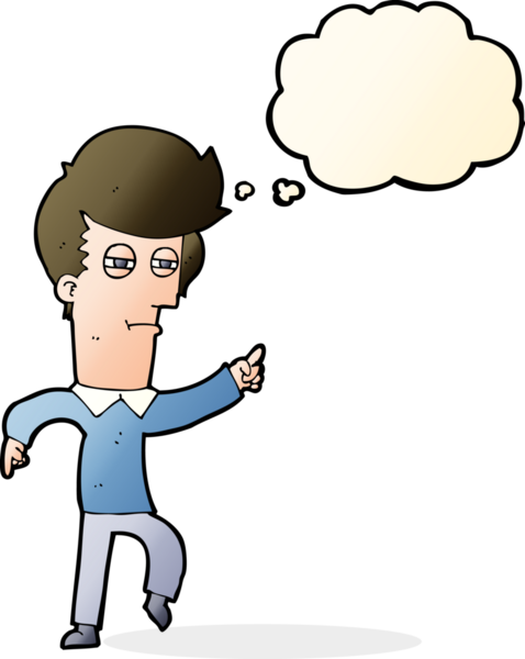 Bir insan tarafından çizilen düşünce baloncuğuyla suçlanan çizgi film adamı.