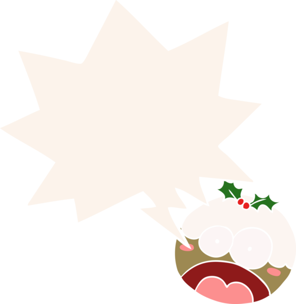 Karikatür noel pudingi. Şok olmuş bir yüz ve retro tarzı konuşma balonu olan bir insan tarafından çizilmiş.