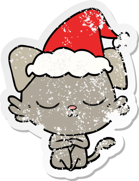 Bir insan tarafından çizilmiş Noel Baba şapkası takan bir köpeğin üzgün çıkartması çizilmiş şirin bir el.