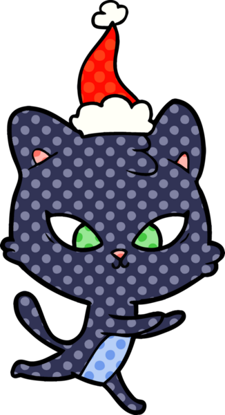 Bir insan tarafından çizilmiş Noel Baba şapkası takan bir kedinin çizgi roman çizimi.