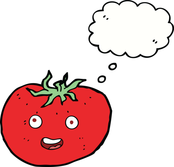 Bir insan tarafından çizilmiş düşünce baloncuklu domates.