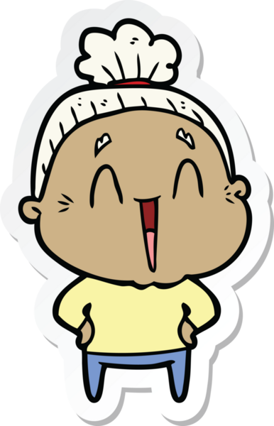 Bir insan tarafından çizilmiş mutlu yaşlı bir kadının çıkartması.