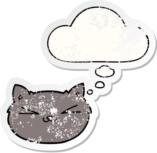 Düşünce baloncuğu olan mutlu çizgi film kedisi bir insan tarafından çizilmiş yıpranmış bir çıkartma.