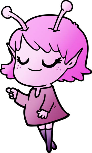 Bir insan tarafından çizilmiş gülümseyen uzaylı kız çizgi filmi.