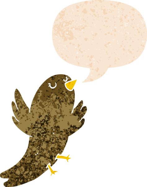 grunge 'da konuşma baloncuğu olan karikatür kuşu bir insan tarafından çizilmiş dertli retro tarzı