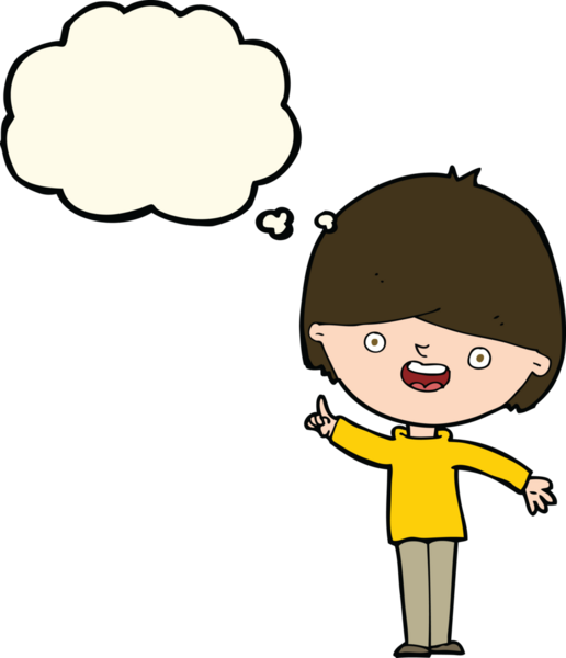 Bir insan tarafından çizilmiş düşünce balonu olan mutlu çocuk çizgi filmi.