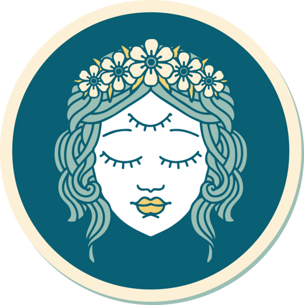 Geleneksel kadın yüzü stili bir dövme çıkartması. Üçüncü gözü bir insan tarafından çizilmiş.