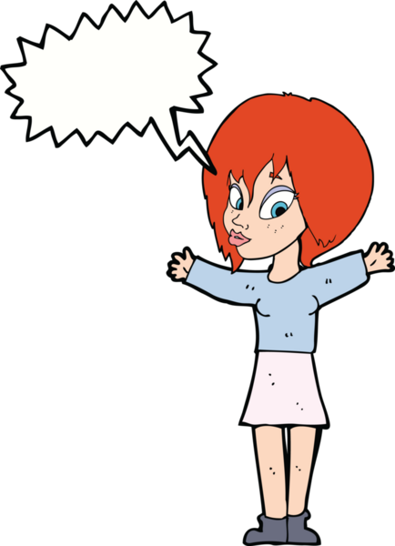 Bir insan tarafından çizilmiş konuşma balonlu açık kollu çizgi film kadını.