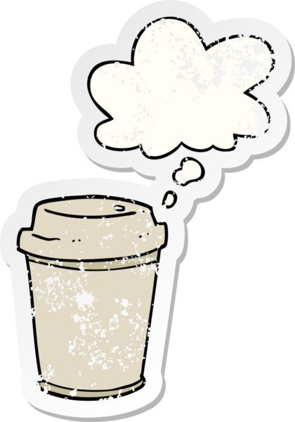 Düşünce baloncuklu çizgi film kahve fincanı insan tarafından çizilmiş yıpranmış bir çıkartma.