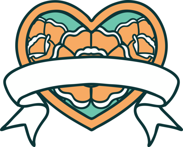 İkonik dövme stili bir kalp ve bir insan tarafından çizilmiş çiçekli pankart.