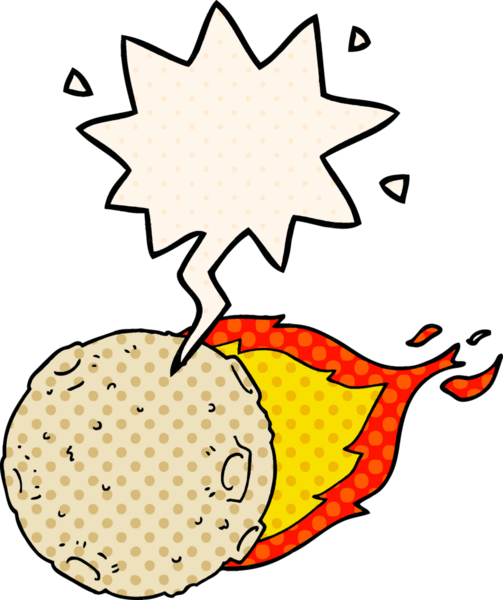 Bir insan tarafından çizilmiş çizgi roman tarzında konuşma baloncuğu olan bir göktaşı.