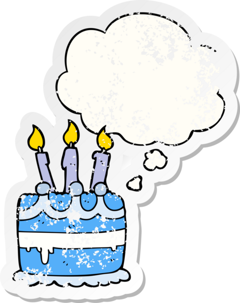 Düşünce baloncuklu çizgi film doğum günü pastası bir insan tarafından çizilmiş yıpranmış bir çıkartma.