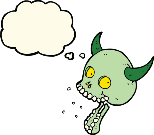 Bir insan tarafından çizilmiş düşünce baloncuklu garip kafatası.