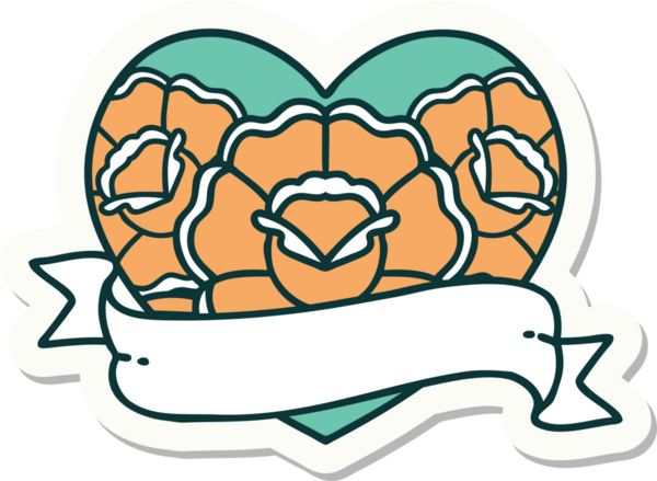 Geleneksel kalp stili dövme çıkartması ve bir insan tarafından çizilmiş çiçekli pankart.