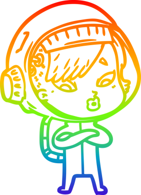 Gökkuşağı gradyan çizgi çizimi bir insan tarafından çizilmiş astronot bir kadın.