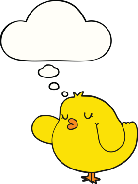 Bir insan tarafından çizilmiş düşünce baloncuklu çizgi film kuşu.