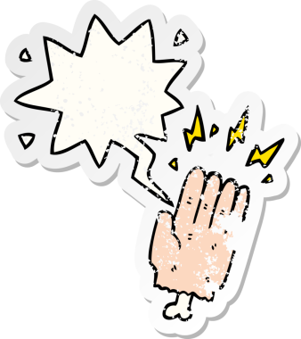 Sihirli cadılar bayramı zombi eli. Konuşma baloncuğu olan. Bir insan tarafından çizilmiş sıkıntılı eski bir çıkartma.