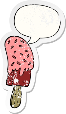 Konuşma baloncuklu çizgi film dondurma lolipopu bir insan tarafından çizilmiş sıkıntılı eski bir çıkartma