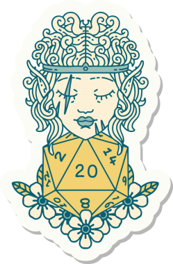 Bir insan tarafından çizilmiş 20 zarlı elf barbar karakterinin çıkartması.