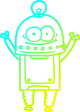 Bir insan tarafından çizilmiş ampullü mutlu bir robot çizimi.