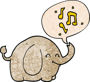 Bir insan tarafından çizilmiş eski dokuda konuşma balonu olan karikatür trompetçi fil.