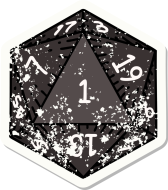 Bir insan tarafından çizilmiş 1 D20 zarının grunge sticker 'ı