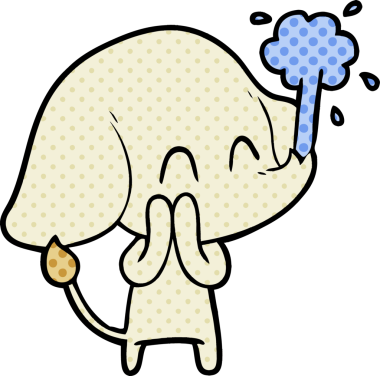 Bir insan tarafından çizilmiş su püskürten sevimli bir fil.