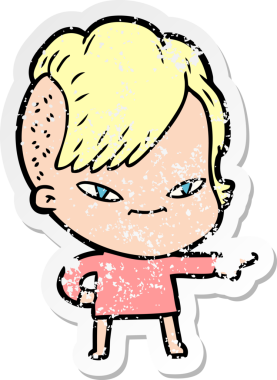 Hipster saç kesimi bir insan tarafından çizilmiş tatlı bir çizgi film kızına ait sıkıntılı bir etiket.