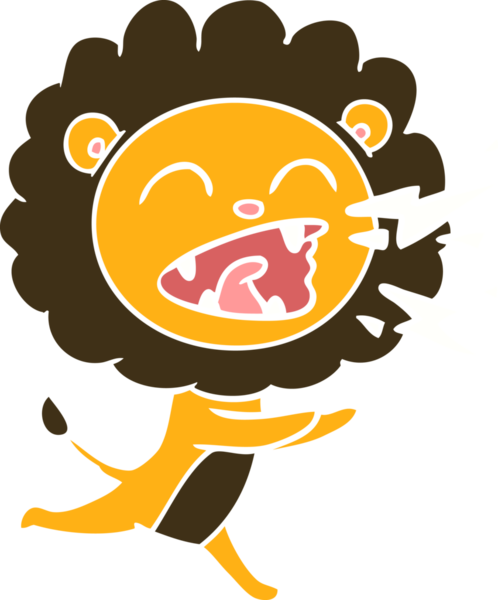 Bir insan tarafından çizilmiş düz renkli çizgi film koşu aslanı