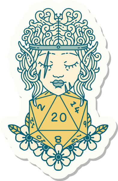 Bir insan tarafından çizilmiş 20 zarlı elf barbar karakterinin çıkartması.