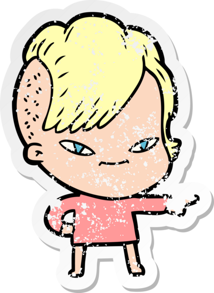 Hipster saç kesimi bir insan tarafından çizilmiş tatlı bir çizgi film kızına ait sıkıntılı bir etiket.